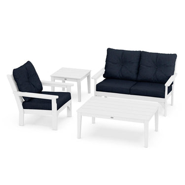 POLYWOOD Vineyard 4-Piece Deep Seating Set w/ Side Table - White / Marine Indigo